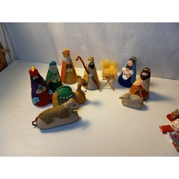 Vtg Felted Nativity Set Mary Joseph Jesus Camel Sheep Goats Handmade Christmas - Picture 1 of 5